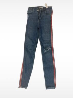 Dark Blue Women's Skinny Jeans with Red and White Side Stripe